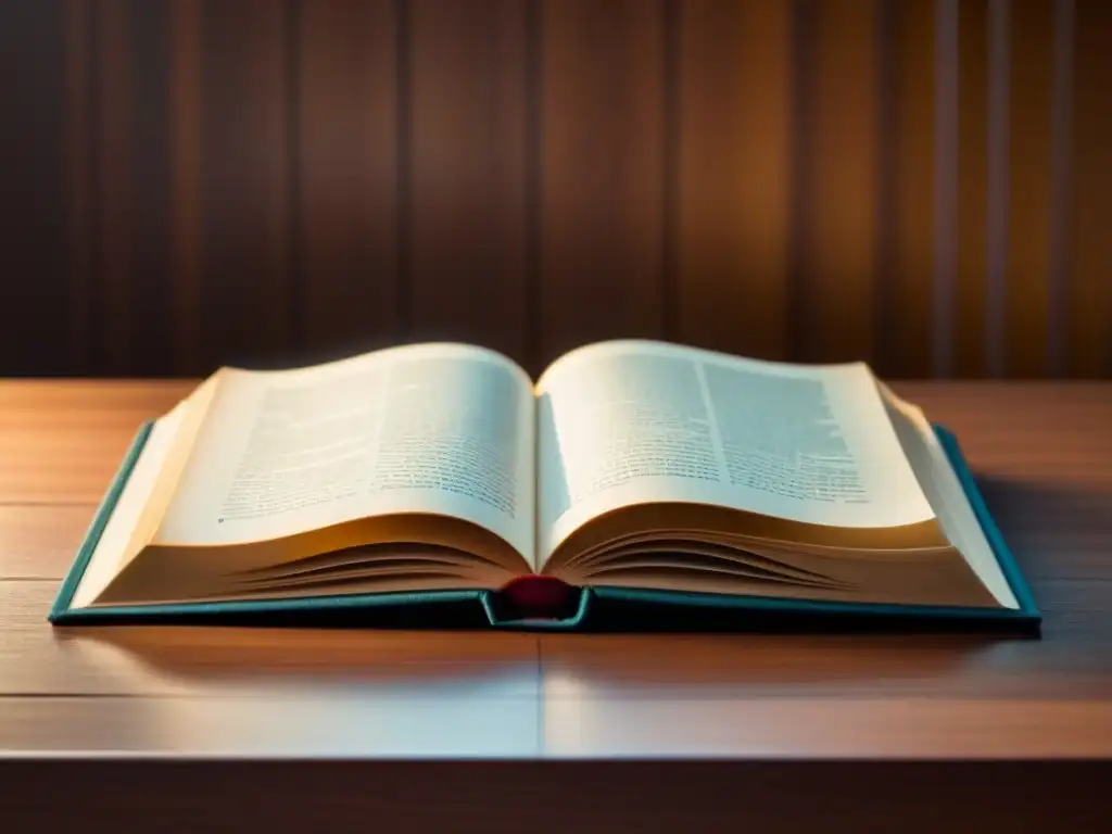 Un libro abierto en un escritorio de madera, iluminado suavemente