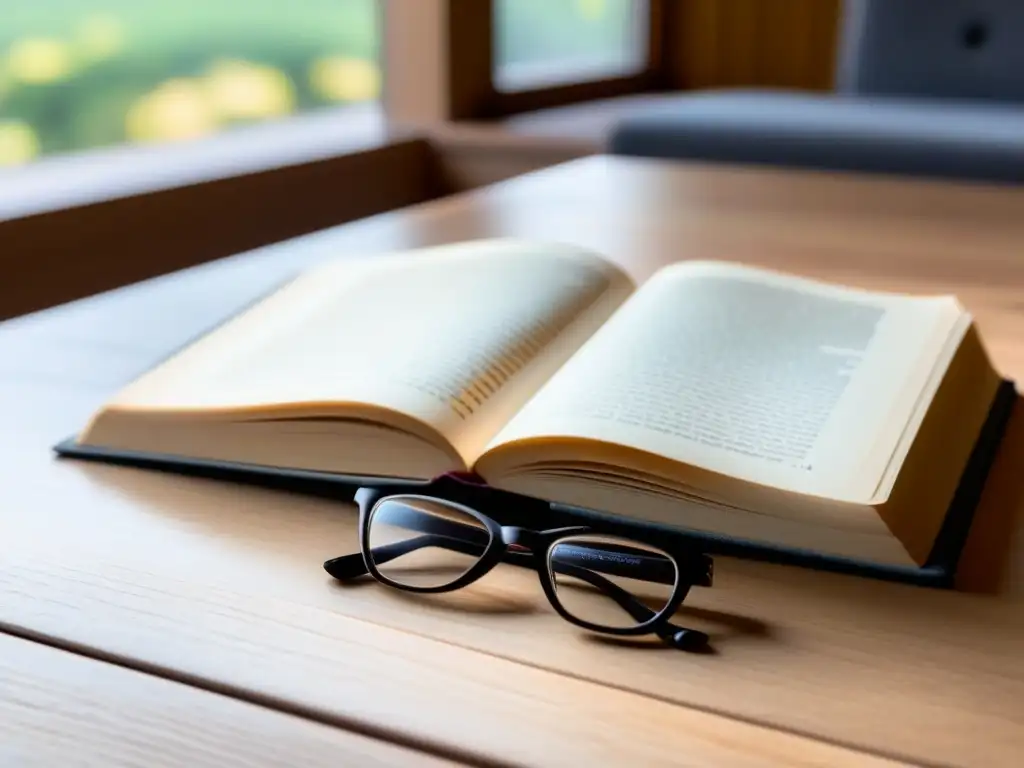 Libro abierto en escritorio de madera, bañado en luz natural