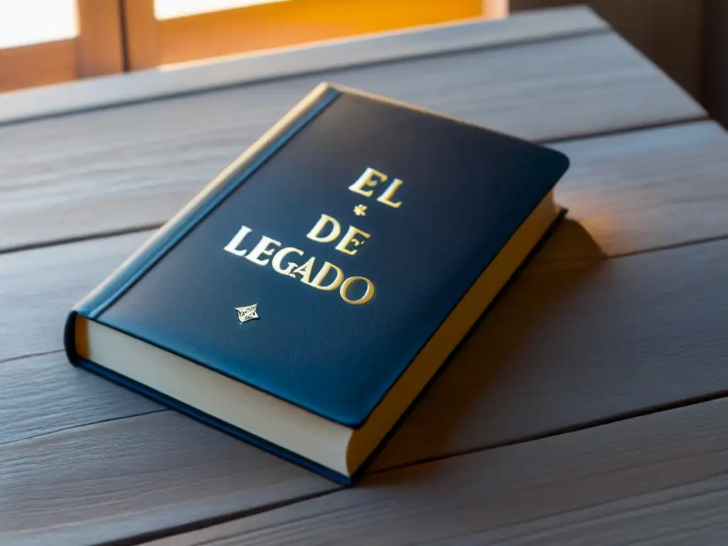 Un libro antiguo con el título 'El Legado de Carlos Vaz Ferreira' en letras doradas sobre una mesa de madera, iluminado por luz natural