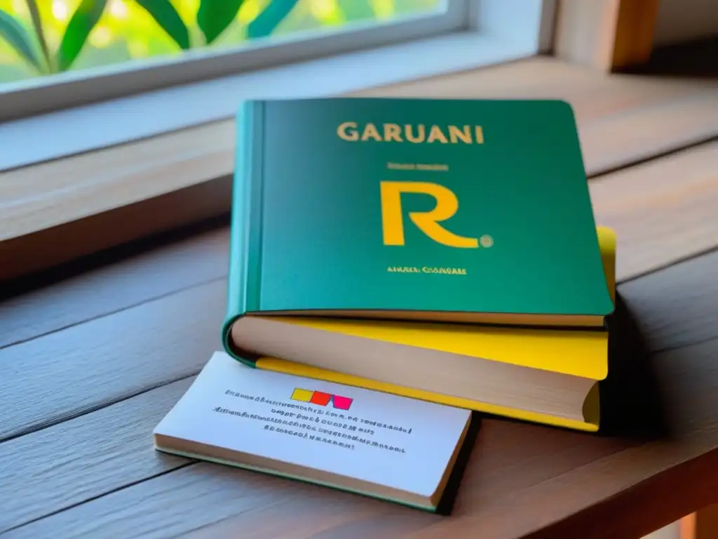 Un libro de texto en idioma Guaraní rodeado de tarjetas de alfabeto coloridas en un escritorio de madera, iluminado por luz natural