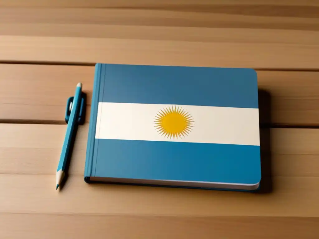 Un libro de texto minimalista con la bandera de Uruguay integrada sutilmente en la portada, sobre un escritorio de madera con un lápiz al lado