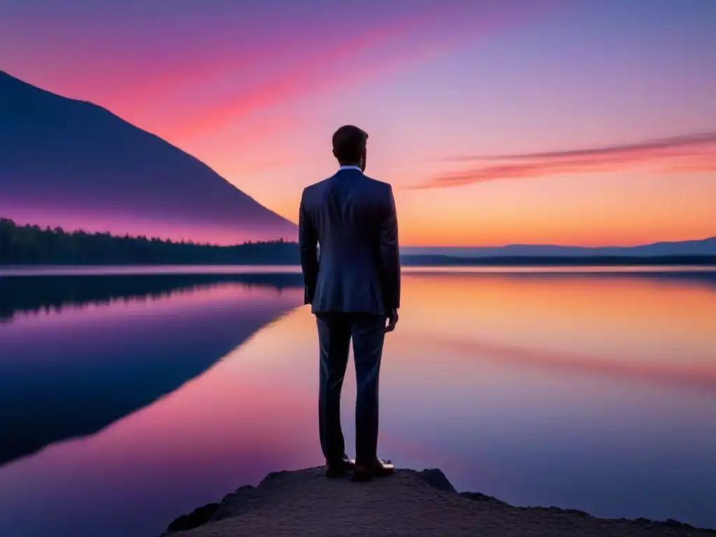 Un líder en traje de negocios frente a un lago tranquilo al atardecer, simbolizando formación líderes mercado global Uruguay