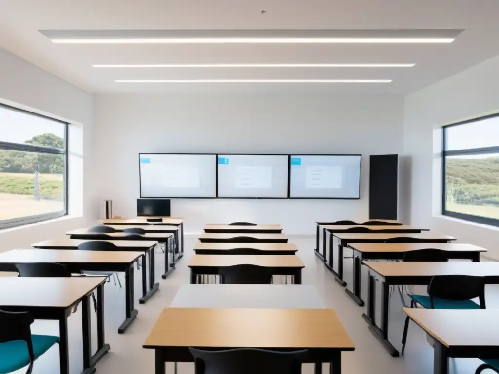 Luminoso salón de clase moderno en Uruguay, equipado con tecnología educativa innovadora