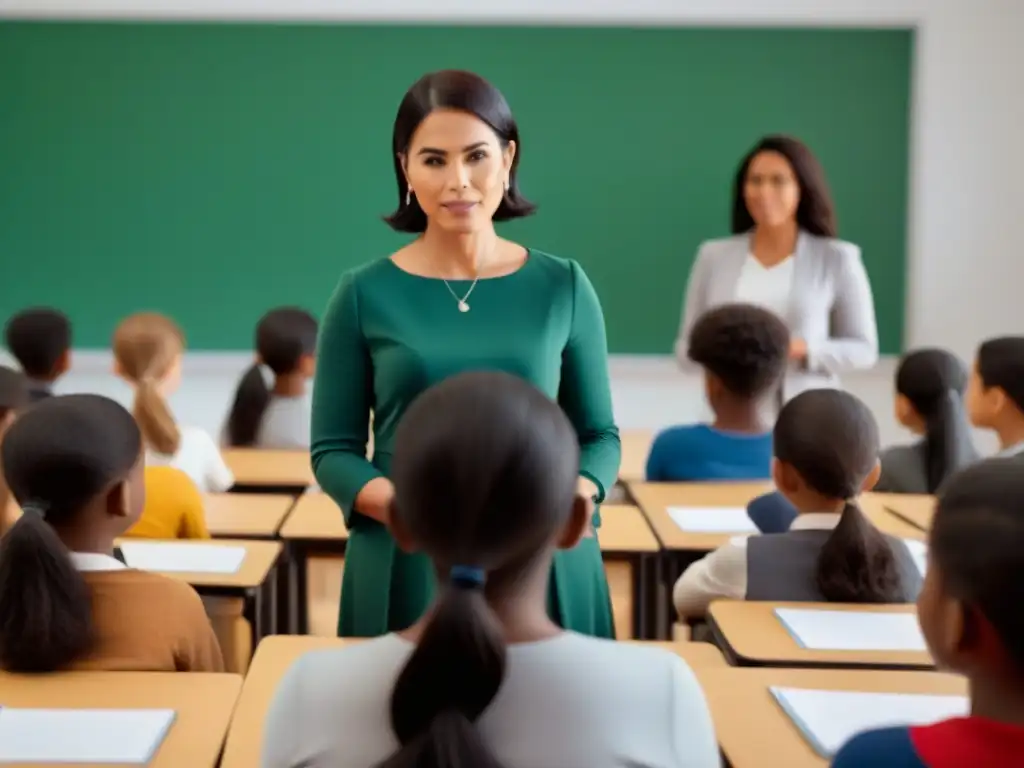 Maestra enseñando a alumnos diversos en un aula armoniosa