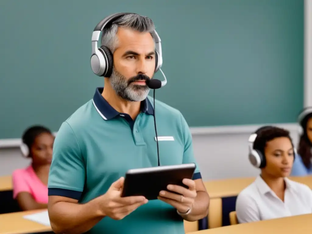 Maestro en aula moderna: podcast educativo en Uruguay Maestra y alumnos uruguayos escuchan podcasts educativos en aula moderna