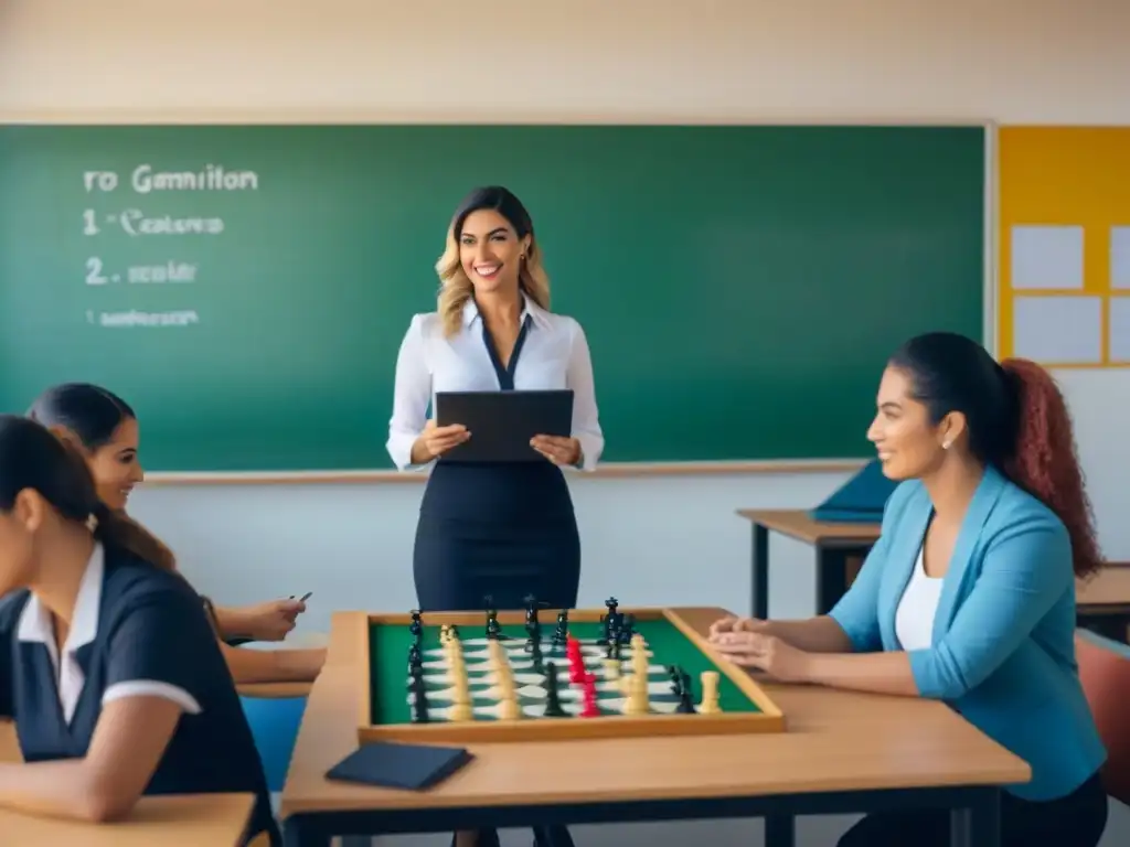 Maestra en aula uruguaya usando elementos de gamificación para involucrar a estudiantes