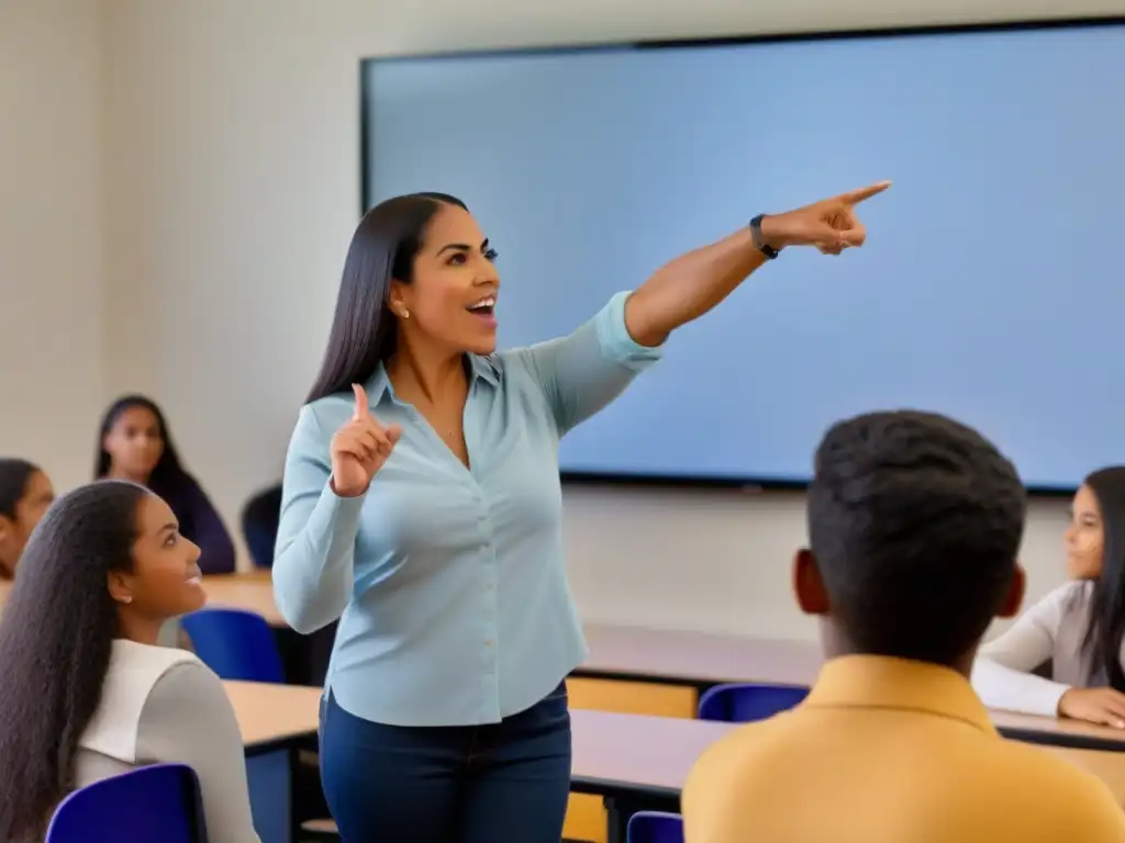 Una maestra entusiasta enseña a estudiantes diversos en un aula moderna