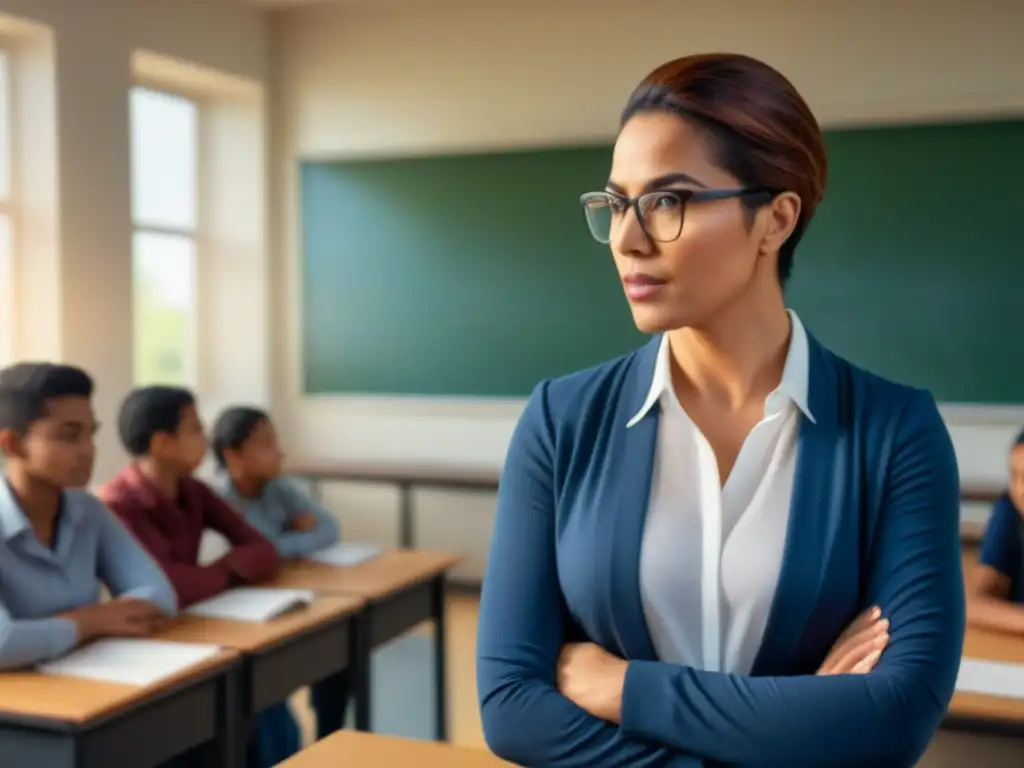 Una maestra hispana guía a estudiantes diversos en una aula iluminada, simbolizando la unidad con 'Derechos Humanos en Educación Uruguay'