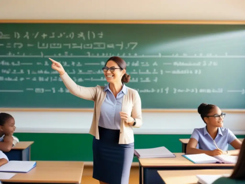 Una maestra sonriente enseña a alumnos atentos en un aula luminosa