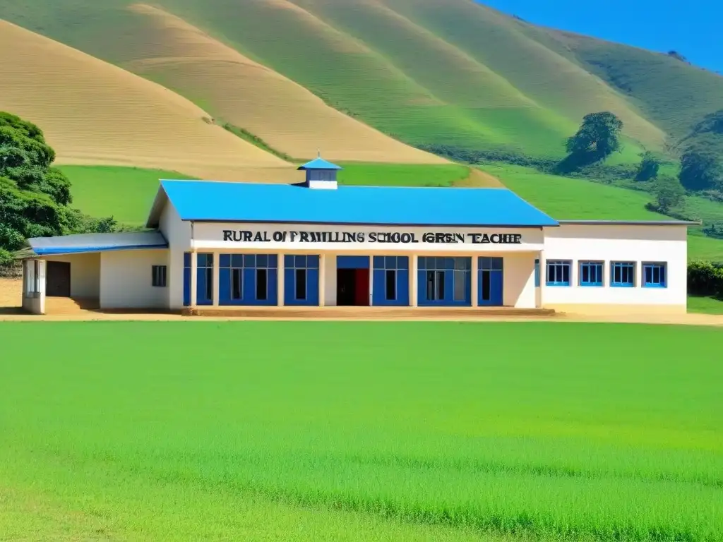 Un maestro acogedor en la entrada de una escuela rural, resalta la importancia de la capacitación docente en zonas rurales