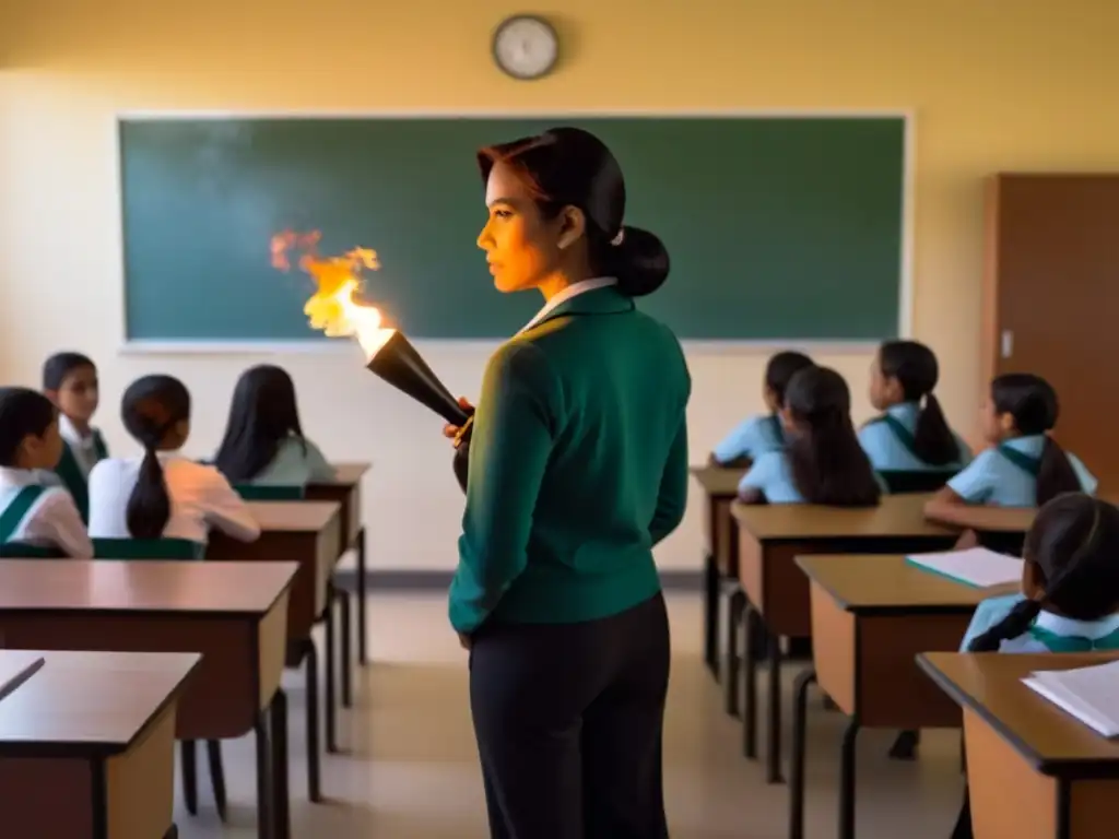 Maestro iluminando el aula, alumnos diversos aprendiendo, impacto políticas educativas dictadura Uruguay