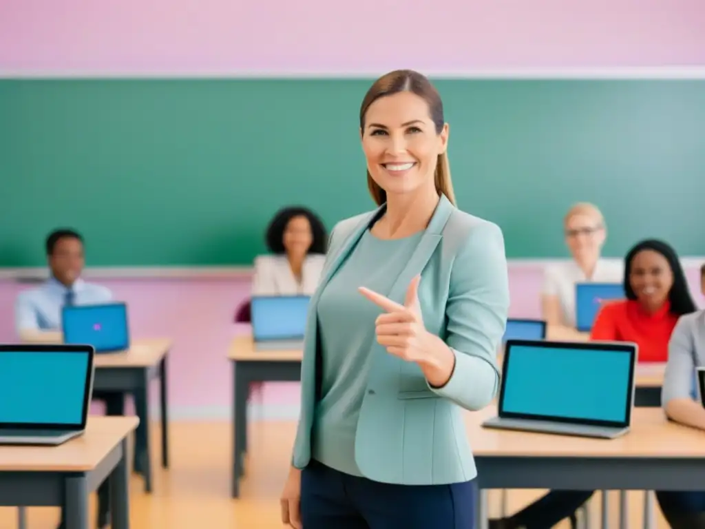 Un maestro lidera una clase moderna con tecnología educativa en Uruguay