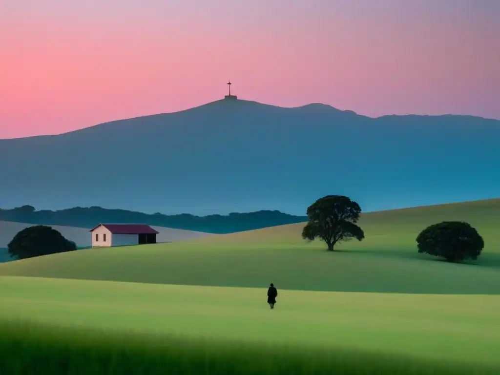 Un maestro camina hacia una escuela rural al atardecer en Uruguay, creando una escena serena y emotiva