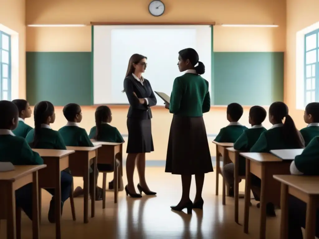 Un maestro frente a alumnos diversos en un aula, simbolizando la formación docente en Uruguay