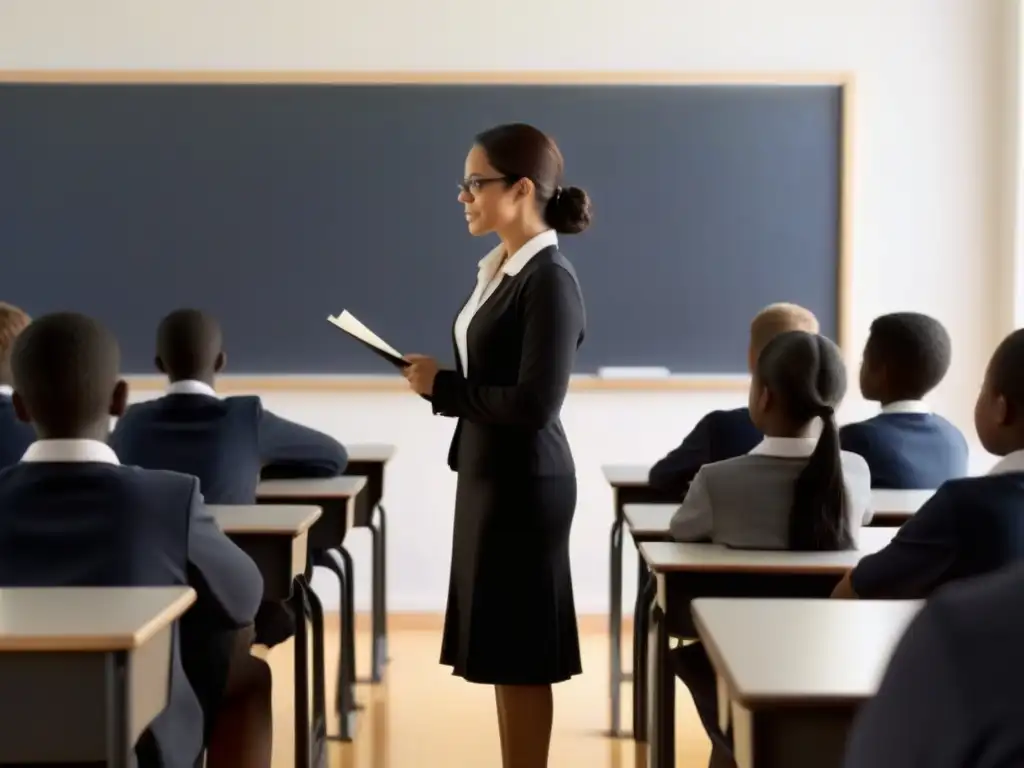 Un maestro inspirador frente a alumnos atentos en un aula, destacando la enseñanza en Uruguay