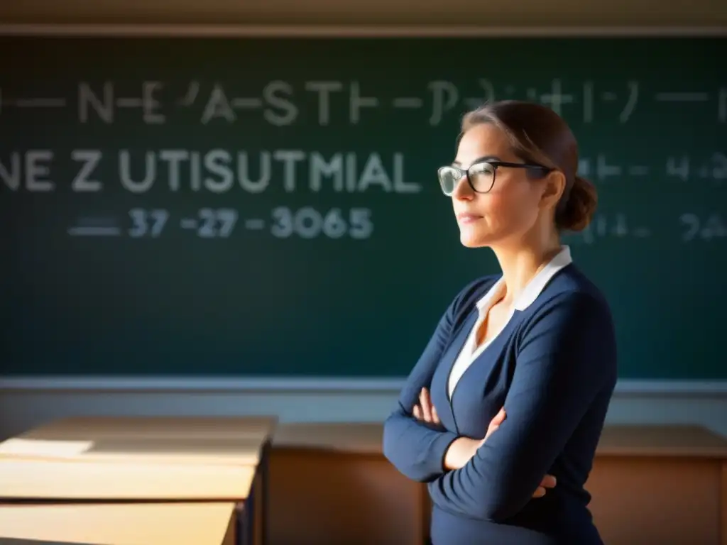 Un maestro reflexivo frente a ecuaciones matemáticas en pizarra, rodeado de libros y un globo terráqueo
