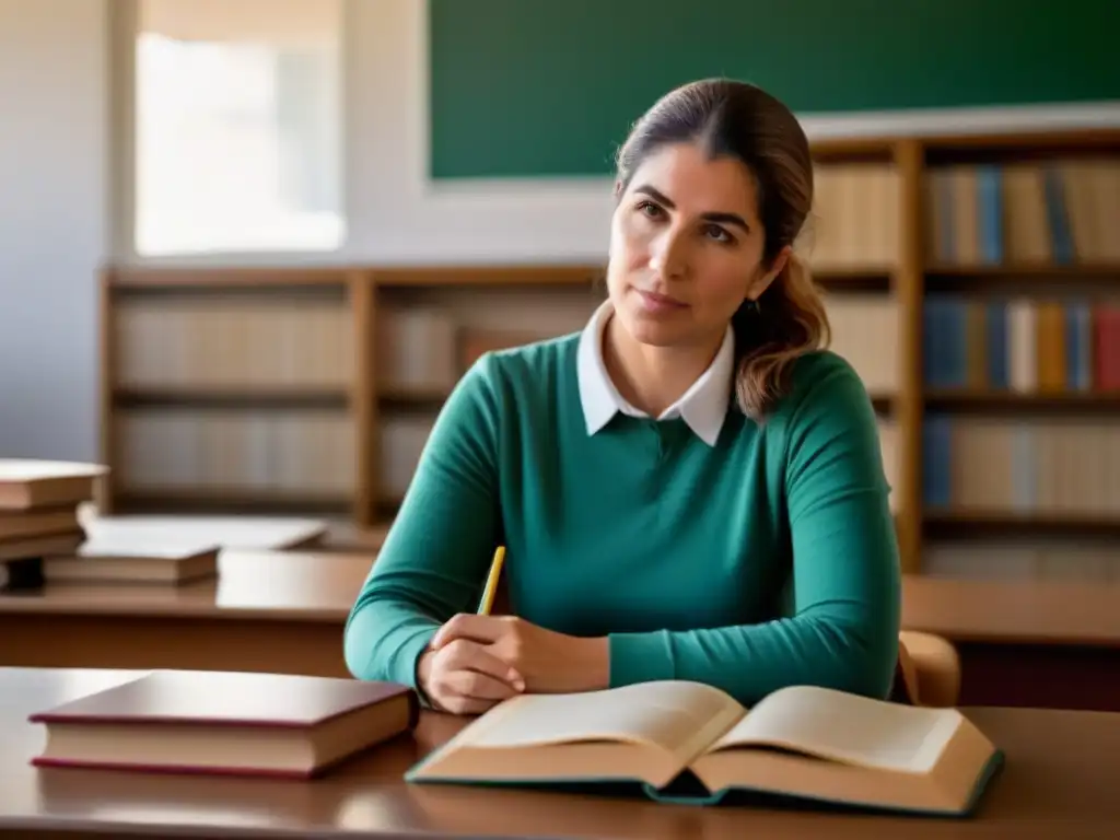 Un maestro en Uruguay reflexivo rodeado de libros en un aula, con la palabra clave 'Opiniones docentes evaluaciones estándar Uruguay'