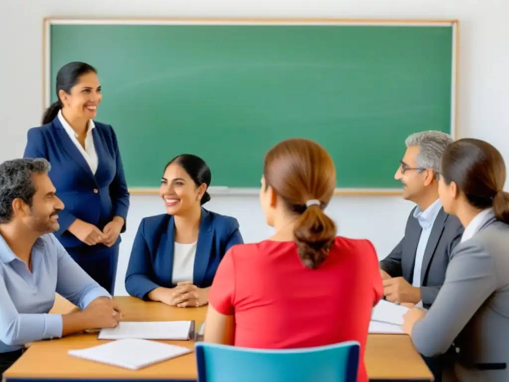 Maestros diversos colaboran en un aula moderna en Uruguay, creando un ambiente de aprendizaje positivo para la Formación docente continua