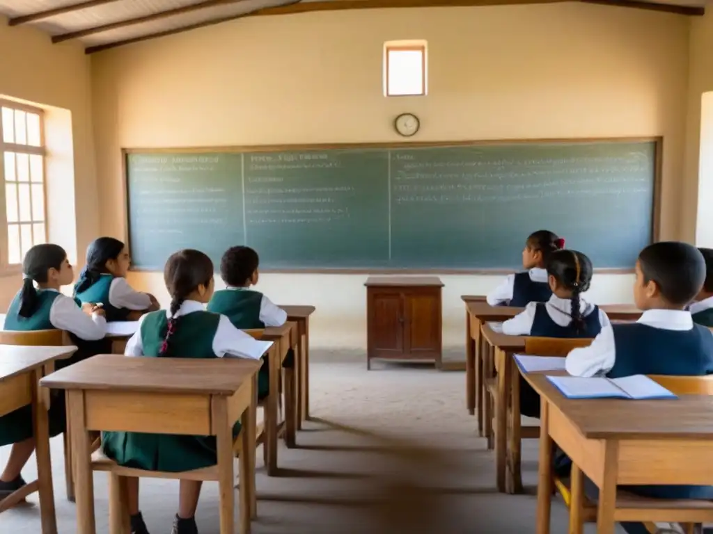 Capacitación maestros rurales Uruguay: Escena serena de aula rural con estudiantes diversos y maestra enseñando con pasión