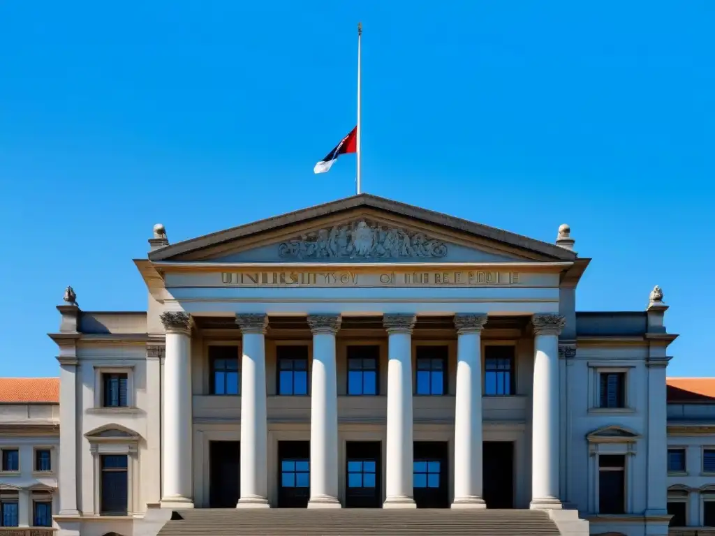 La majestuosa fachada de la Universidad de la República en Montevideo, Uruguay, bajo un cielo azul despejado