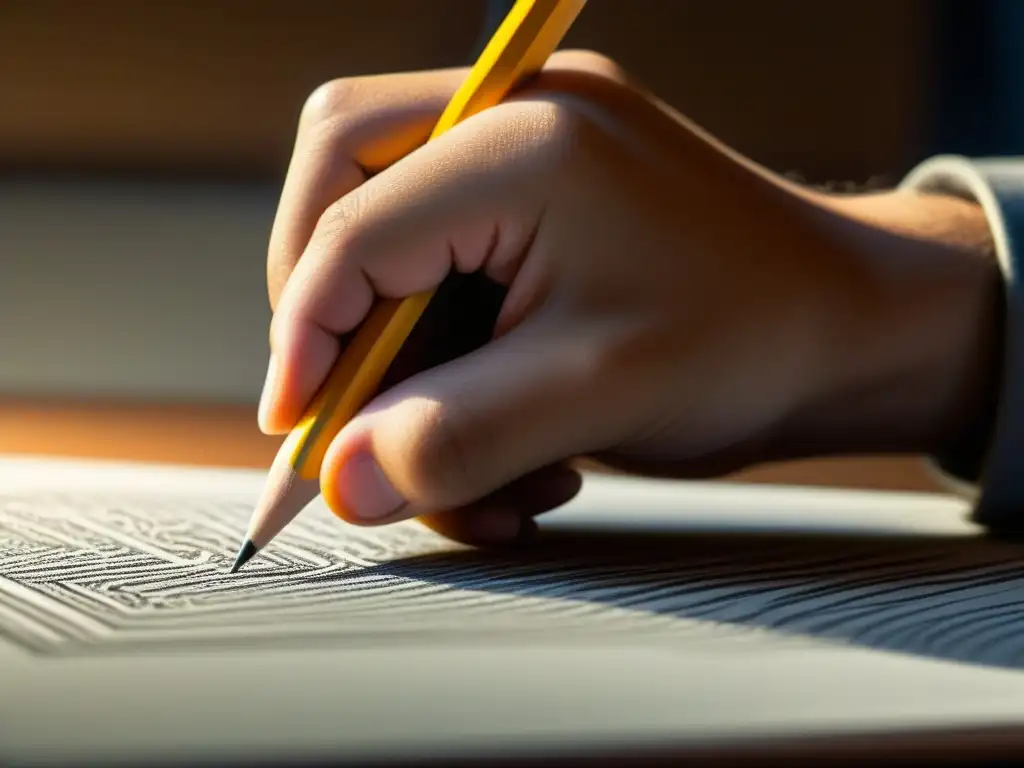 Mano de estudiante detallada sostiene lápiz, reflejando la dedicación en estudios