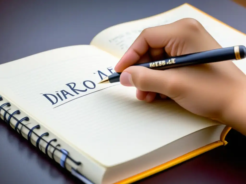 Mano de estudiante escribiendo en 'Diario de Aprendizaje', detalle y reflexión educativa