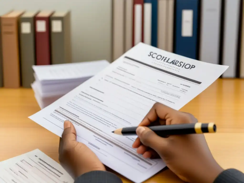 Mano de estudiante sostiene documentos de renovación becas educativas Uruguay en escritorio de madera con lápiz