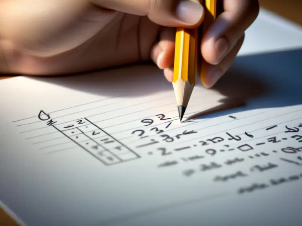 Mano estudiante escribiendo ecuaciones matemáticas detalladas en papel blanco