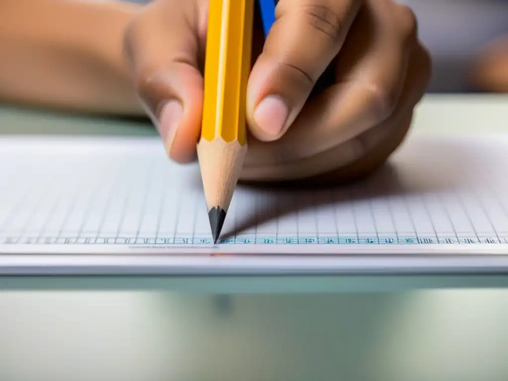 Mano de estudiante nerviosa tocando lápiz en evaluaciones estándar, reflejando presión académica