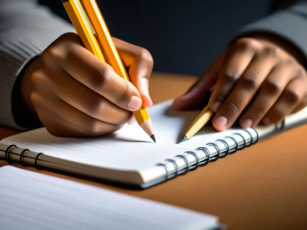 Mano de estudiante escribiendo notas con precisión Mano de estudiante escribiendo notas con lápiz afilado en cuaderno organizado, demostrando estrategias de éxito para estudiantes