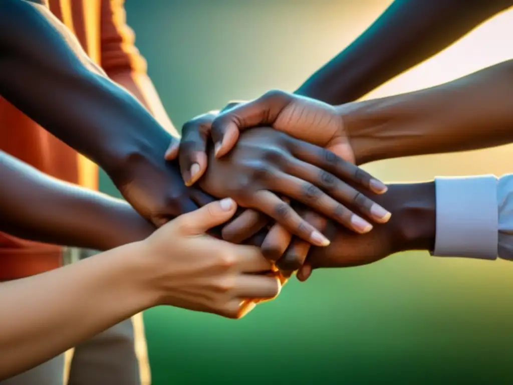 Unión de manos diversas en aula, representando comunicación inclusiva