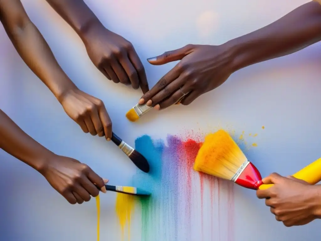 Manos diversas pintando mural colorido en pared blanca, simbolizando inclusión y diversidad en educación