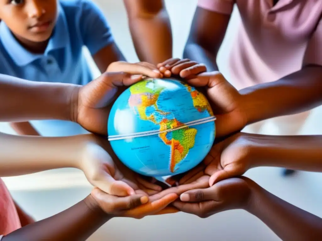 Manos diversas unidas alrededor de un globo en aula uruguaya, simbolizando educación inclusiva y empatía