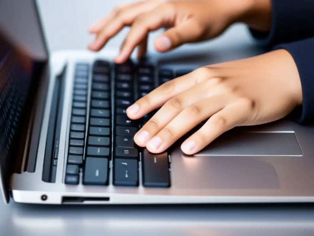 Manos de estudiante experto tecleando en laptop moderna