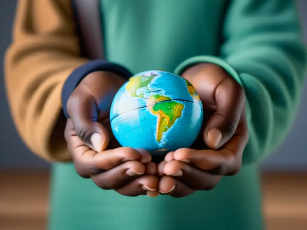 Dos manos sostienen un globo terráqueo, una representa la educación tradicional y la otra las herramientas digitales, en un aula multicultural