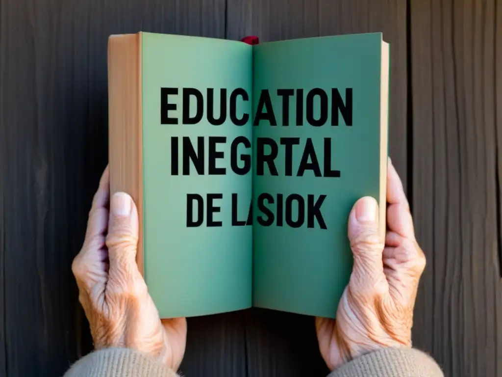 Las manos sabias de una anciana uruguaya sostienen un libro vintage con 'Educación Integral de la Mujer'