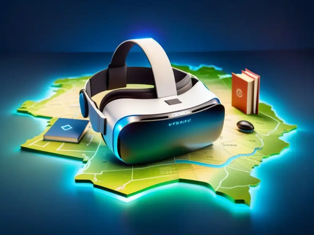 Un mapa detallado de Uruguay con un auricular de realidad virtual futurista flotando, rodeado de iconos educativos