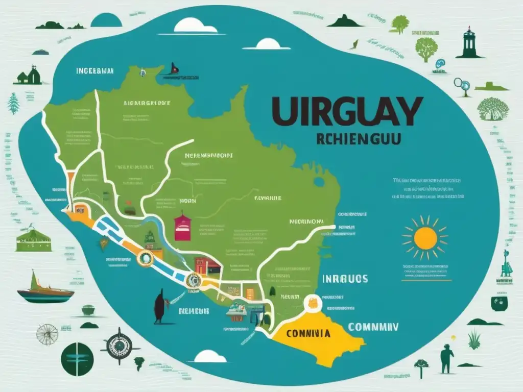 Mapa detallado de Uruguay con comunidades indígenas y tecnología educativa Mapa detallado de Uruguay resaltando comunidades indígenas con colores vibrantes y patrones tradicionales, conectados por líneas de conocimiento