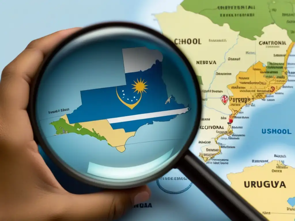 Un mapa detallado de Uruguay con una lupa sobre un ícono de escuela, simbolizando la investigación en políticas educativas Uruguay