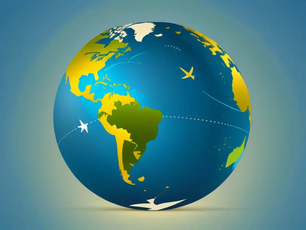 Mapamundi detallado con rutas comerciales destacando Uruguay Un mapa detallado con rutas comerciales y símbolos de comercio internacional, destacando a Uruguay