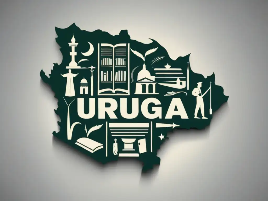 Mapa de Uruguay con elementos educativos históricos en gris, simbolizando la educación en Uruguay e identidad nacional