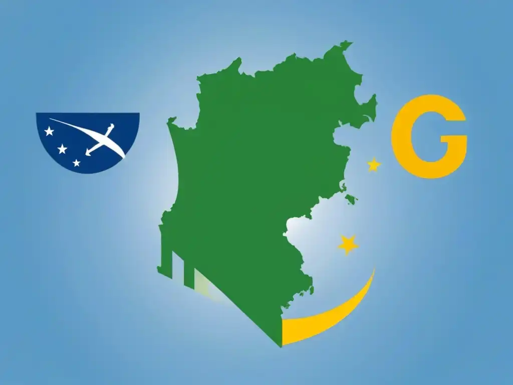 Certificaciones comercio internacional en Uruguay: diseño minimalista Mapa de Uruguay entrelazado con símbolos de comercio internacional en azul, verde y dorado, ideal para Certificaciones Comercio Exterior Uruguay