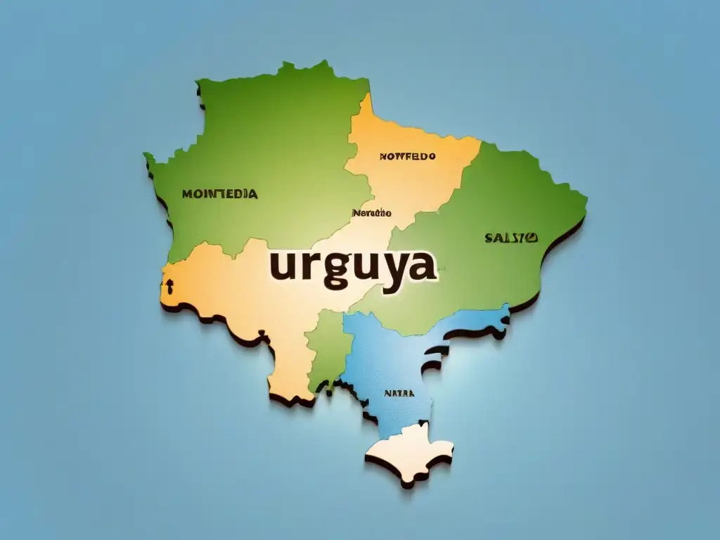 Mapa estilizado de Uruguay con ciudades destacadas y símbolos educativos