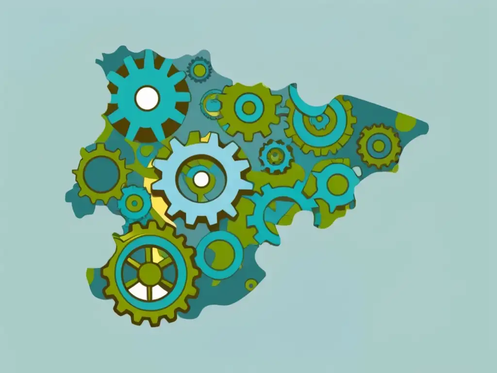 Mapa creativo de Uruguay: industrias conectadas Un mapa de Uruguay hecho de engranajes conectados, con iconos de profesiones creativas, en tonos azules, verdes y grises