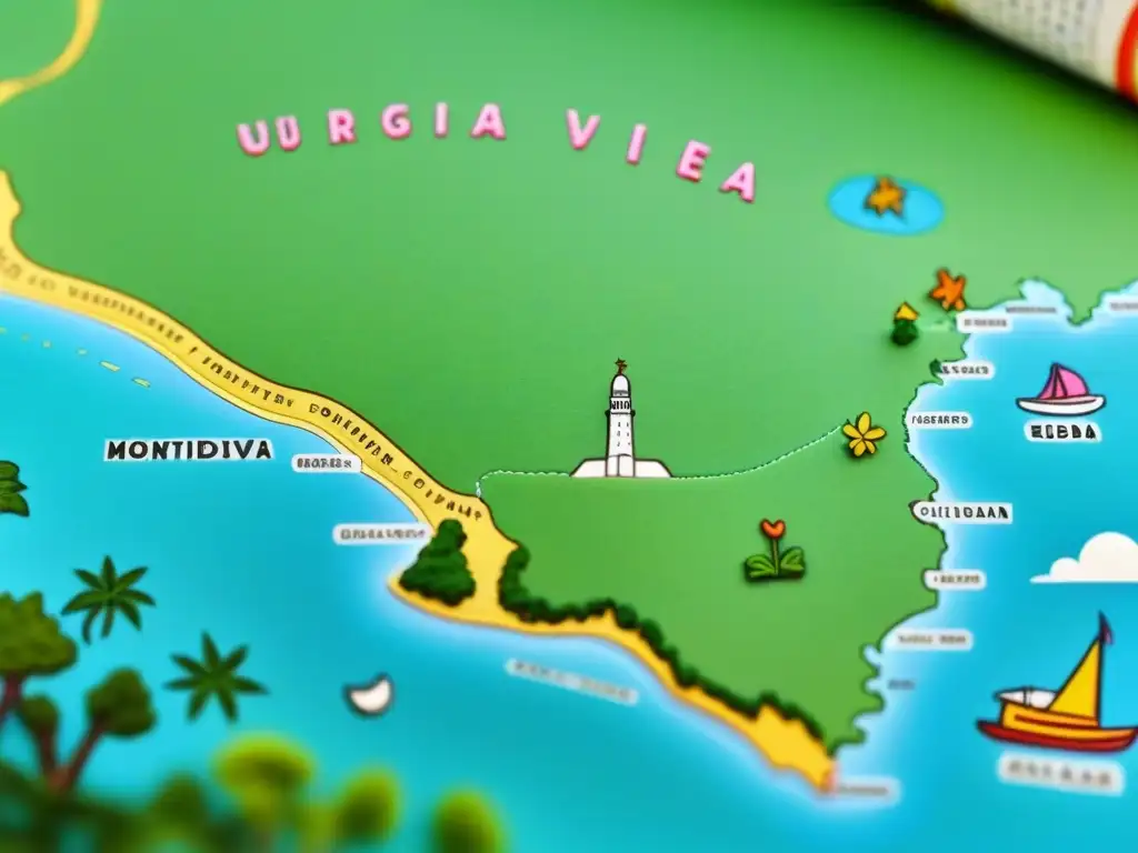 Un mapa ilustrado de Uruguay con niños leyendo bajo árboles, ideal para libros infantiles Uruguay