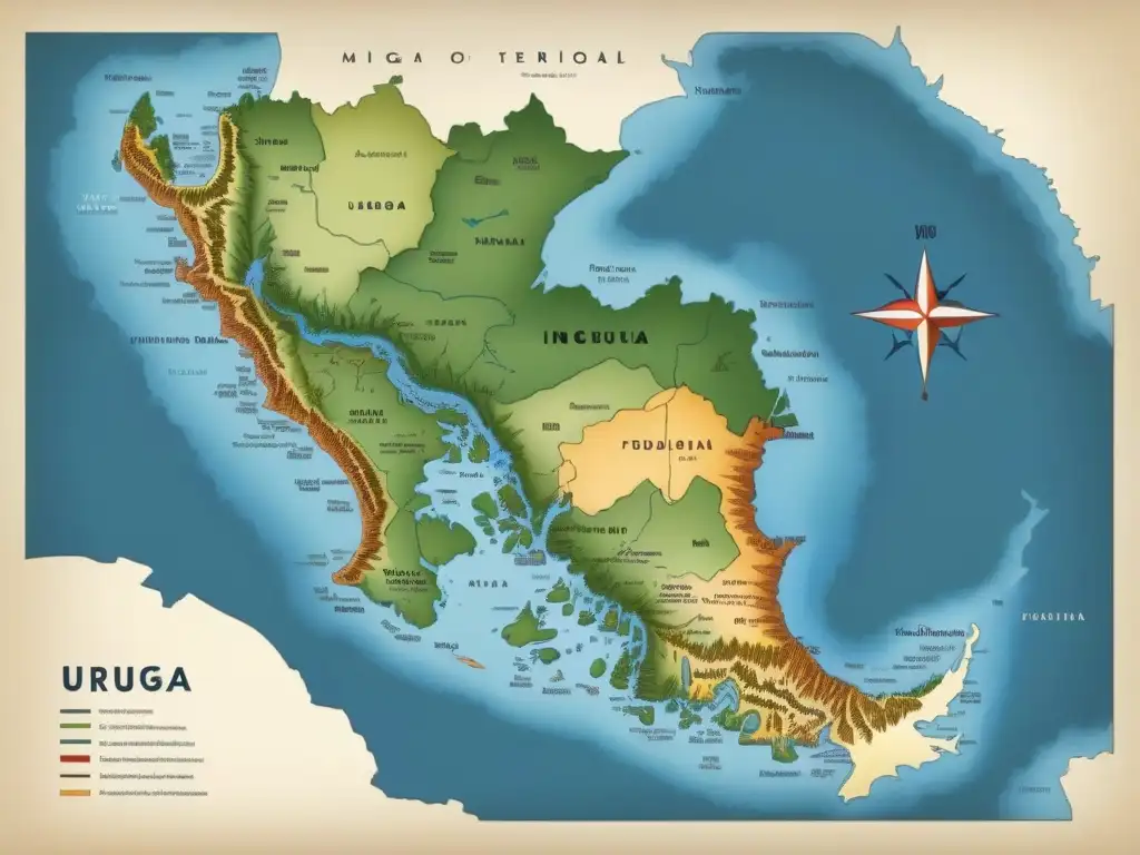 Mapa indígena de Uruguay detallado y minimalista, con tonos terrosos y marcaciones artesanales que representan geografía e historia