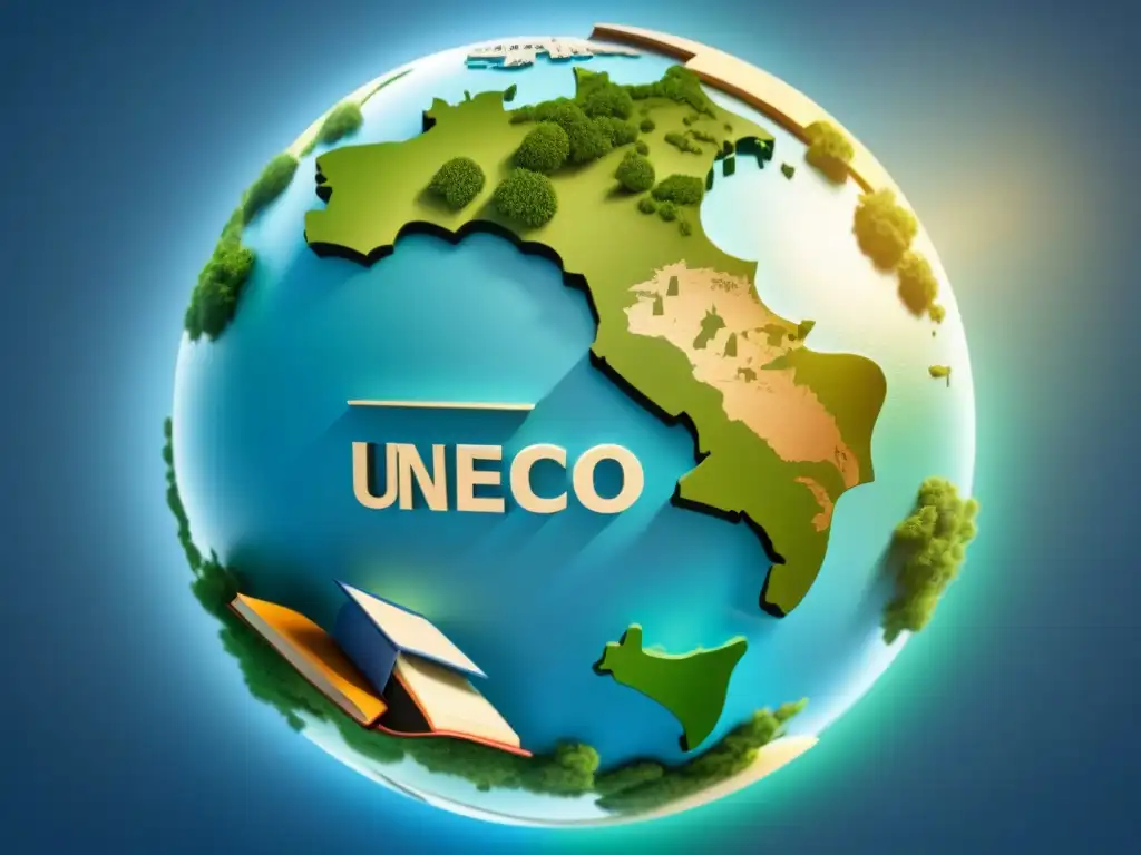 Mapa de Uruguay con logo de la UNESCO, libros y símbolos educativos