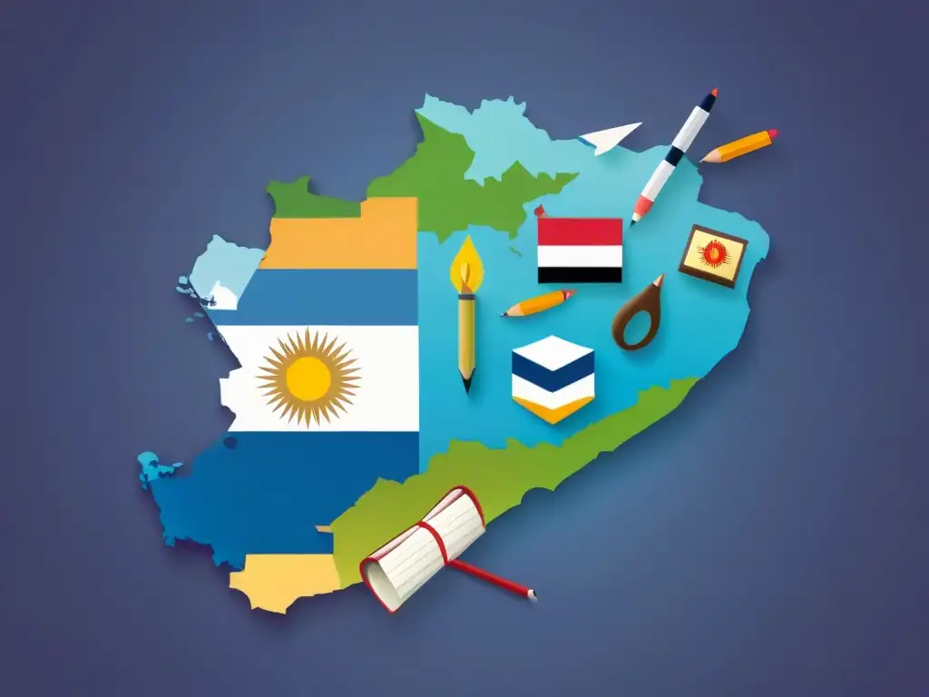 Mapa minimalista de Uruguay con iconos educativos y gráfica de marketing digital, ideal para estrategias de startups educativas en Uruguay