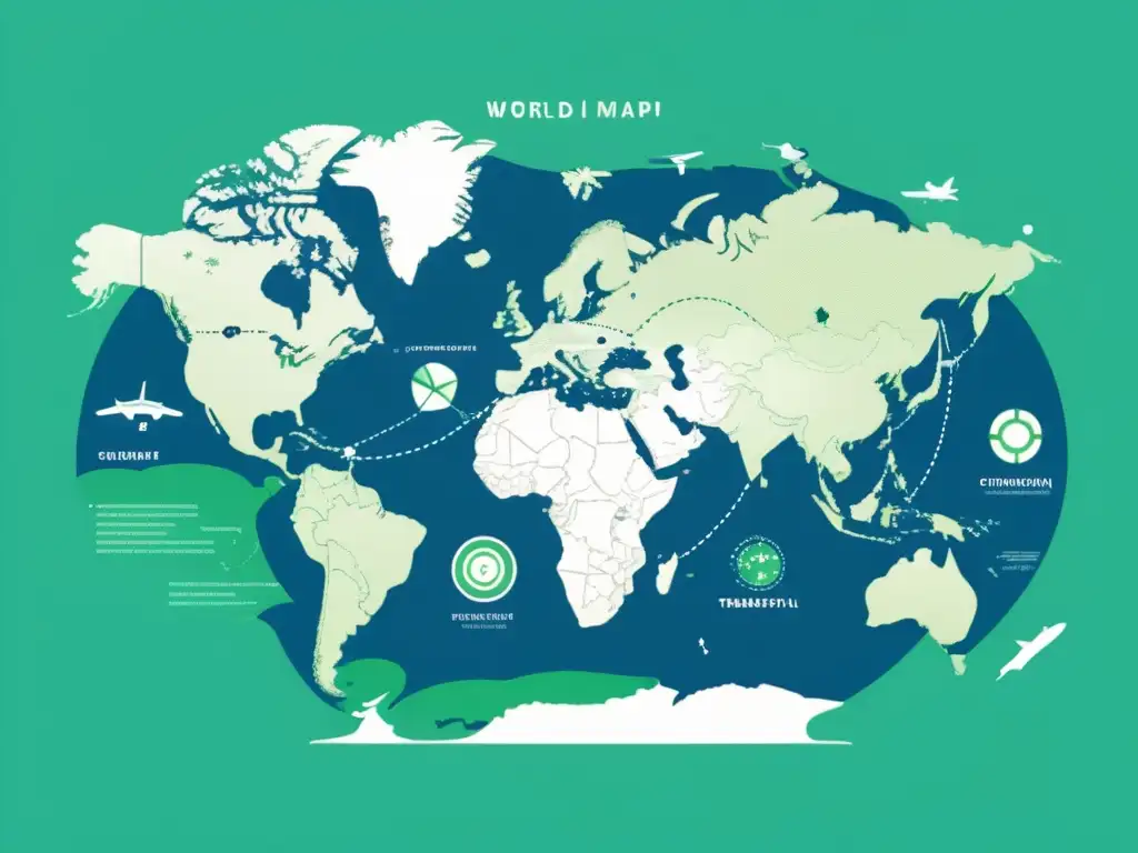 Mapa mundial con líneas de viaje y símbolos de educación y transporte en tonos azules y verdes