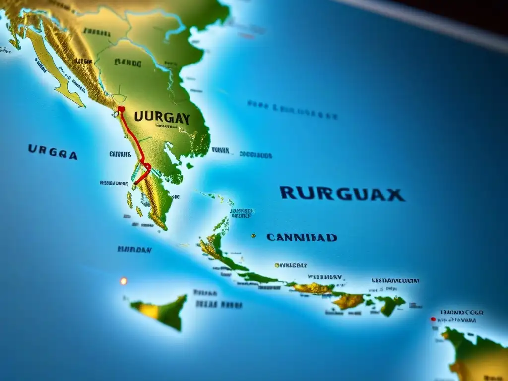 Mapa mundial detallado resaltando rutas comerciales de Uruguay en dorado Mapa mundial con rutas comerciales resaltadas en oro, conectando Uruguay con mercados internacionales - Certificaciones Comercio Exterior Uruguay